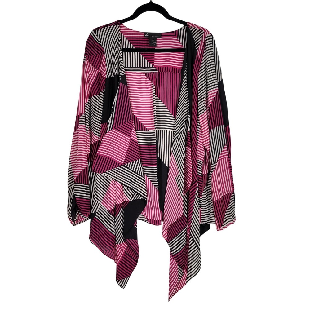 Lane Bryant Cardigan Women 18/20 Pink Geometric Striped Draped Open Front Top